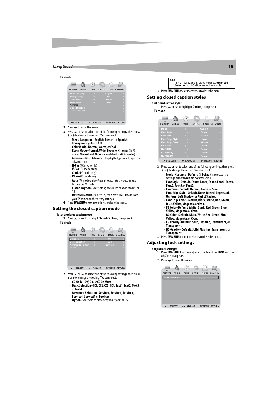 Setting the closed caption mode, Setting closed caption styles, Adjusting lock settings | Using the tv | Dynex DX-LTDVD20 User Manual | Page 15 / 86