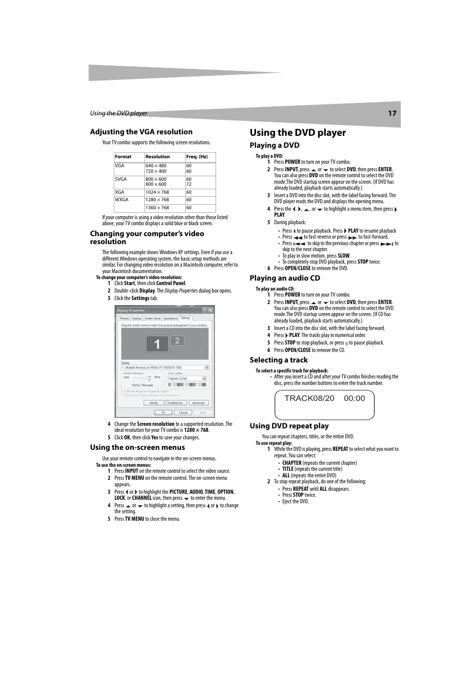 Adjusting the vga resolution, Changing your computer’s video resolution, Using the on-screen menus | Using the dvd player, Playing a dvd, Playing an audio cd, Selecting a track, Using dvd repeat play | Dynex DX-LTDVD20 User Manual | Page 17 / 86