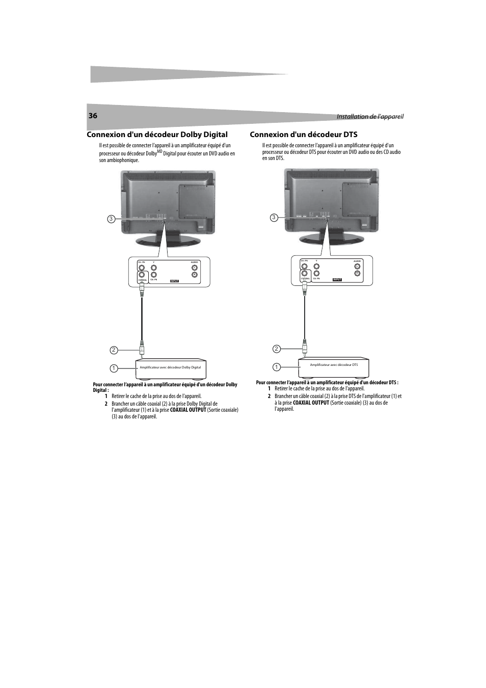 Connexion d'un décodeur dolby digital, Connexion d'un décodeur dts, Installation de l’appareil | Dynex DX-LTDVD20 User Manual | Page 36 / 86