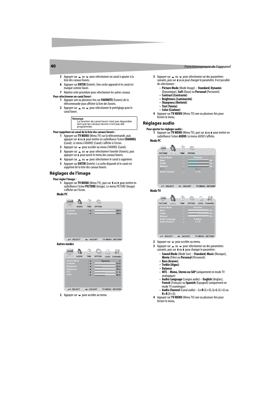 Réglages de l’image, Réglages audio, Réglages de l’image réglages audio | Fonctionnement de l’appareil | Dynex DX-LTDVD20 User Manual | Page 40 / 86