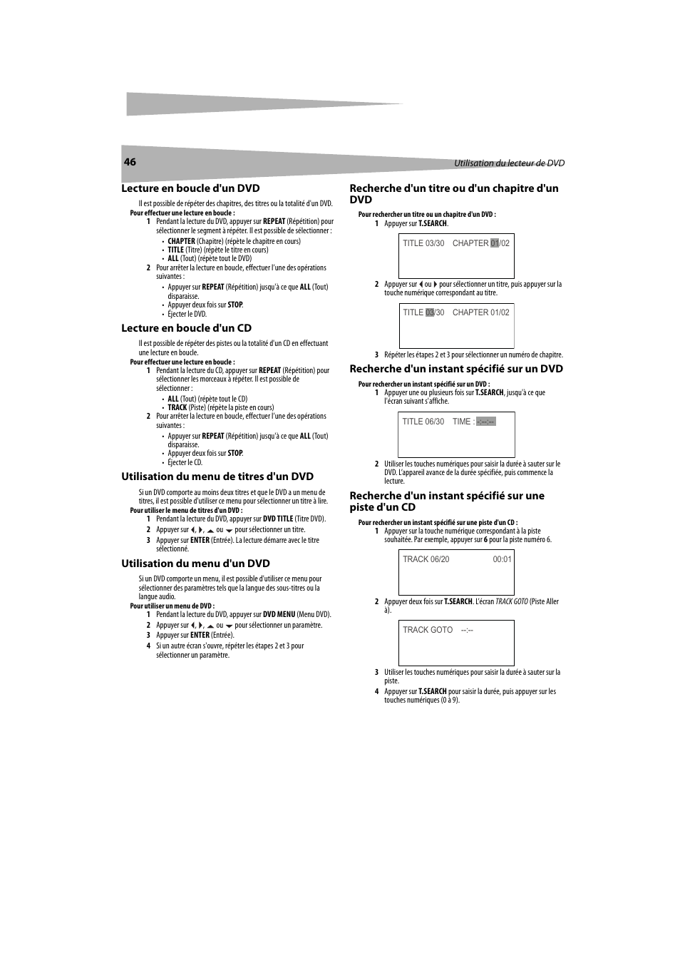 Lecture en boucle d'un dvd, Lecture en boucle d'un cd, Utilisation du menu de titres d'un dvd | Utilisation du menu d'un dvd, Recherche d'un titre ou d'un chapitre d'un dvd, Recherche d'un instant spécifié sur un dvd | Dynex DX-LTDVD20 User Manual | Page 46 / 86