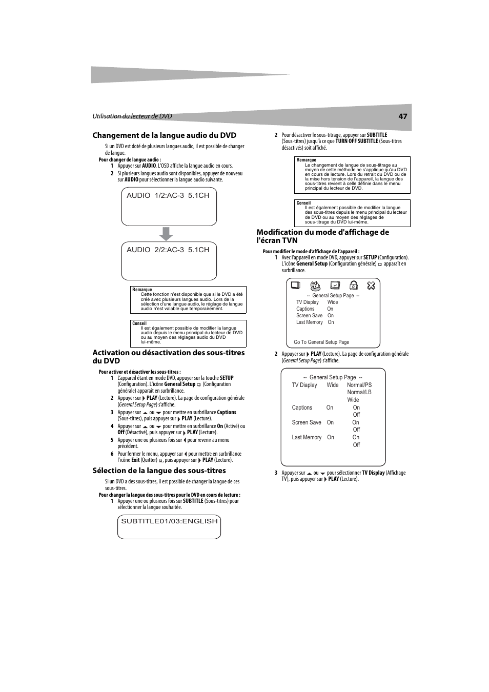 Changement de la langue audio du dvd, Activation ou désactivation des sous-titres du dvd, Sélection de la langue des sous-titres | Modification du mode d'affichage de l'écran tvn | Dynex DX-LTDVD20 User Manual | Page 47 / 86
