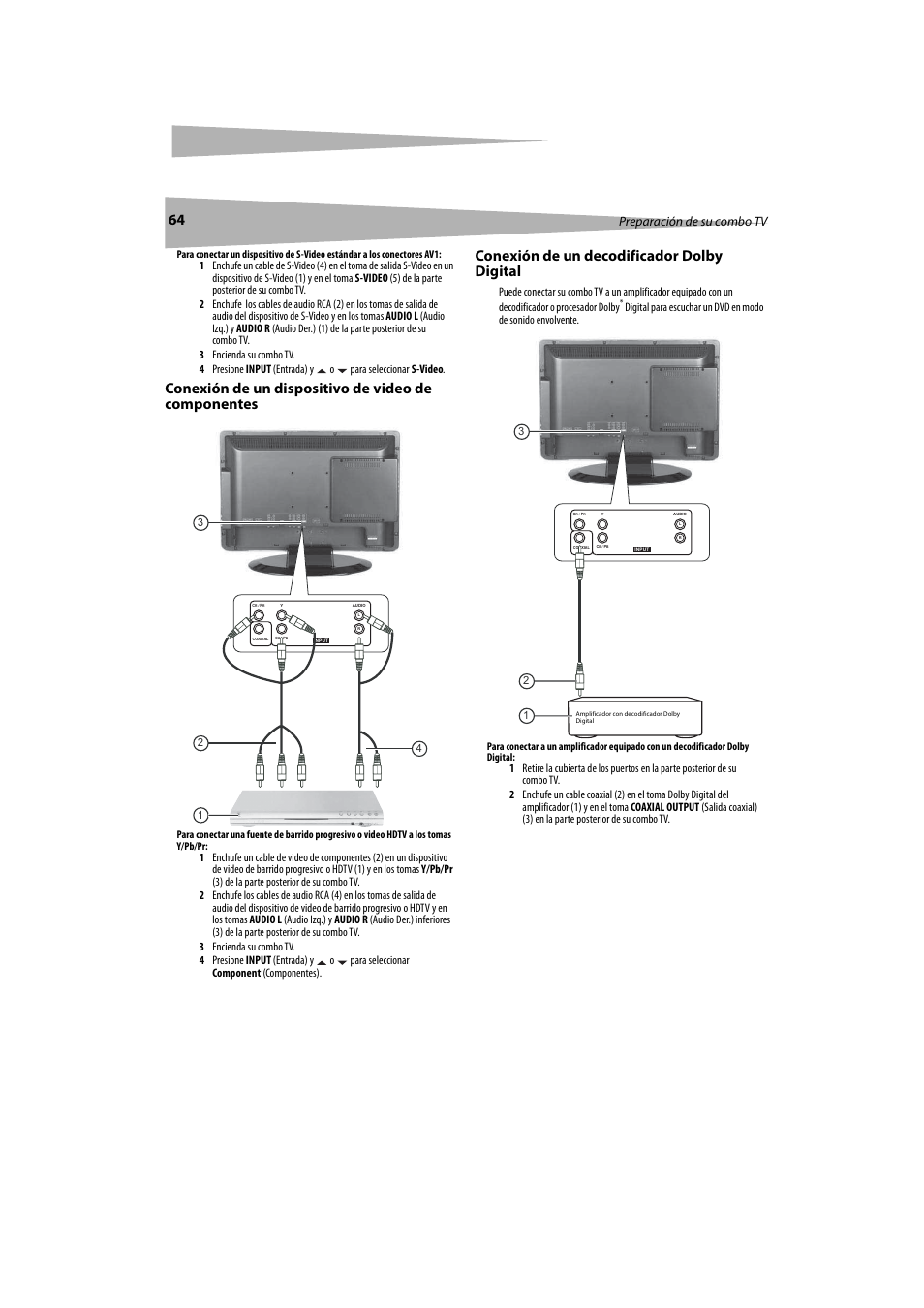 Conexión de un dispositivo de video de componentes, Conexión de un decodificador dolby digital, Preparación de su combo tv | Dynex DX-LTDVD20 User Manual | Page 64 / 86
