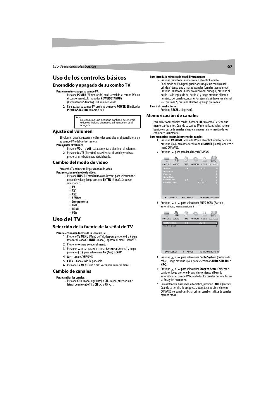 Uso de los controles básicos, Encendido y apagado de su combotv, Ajuste del volumen | Cambio del modo de video, Uso del tv, Selección de la fuente de la señal de tv, Cambio de canales, Memorización de canales, Encendido y apagado de su combo tv | Dynex DX-LTDVD20 User Manual | Page 67 / 86