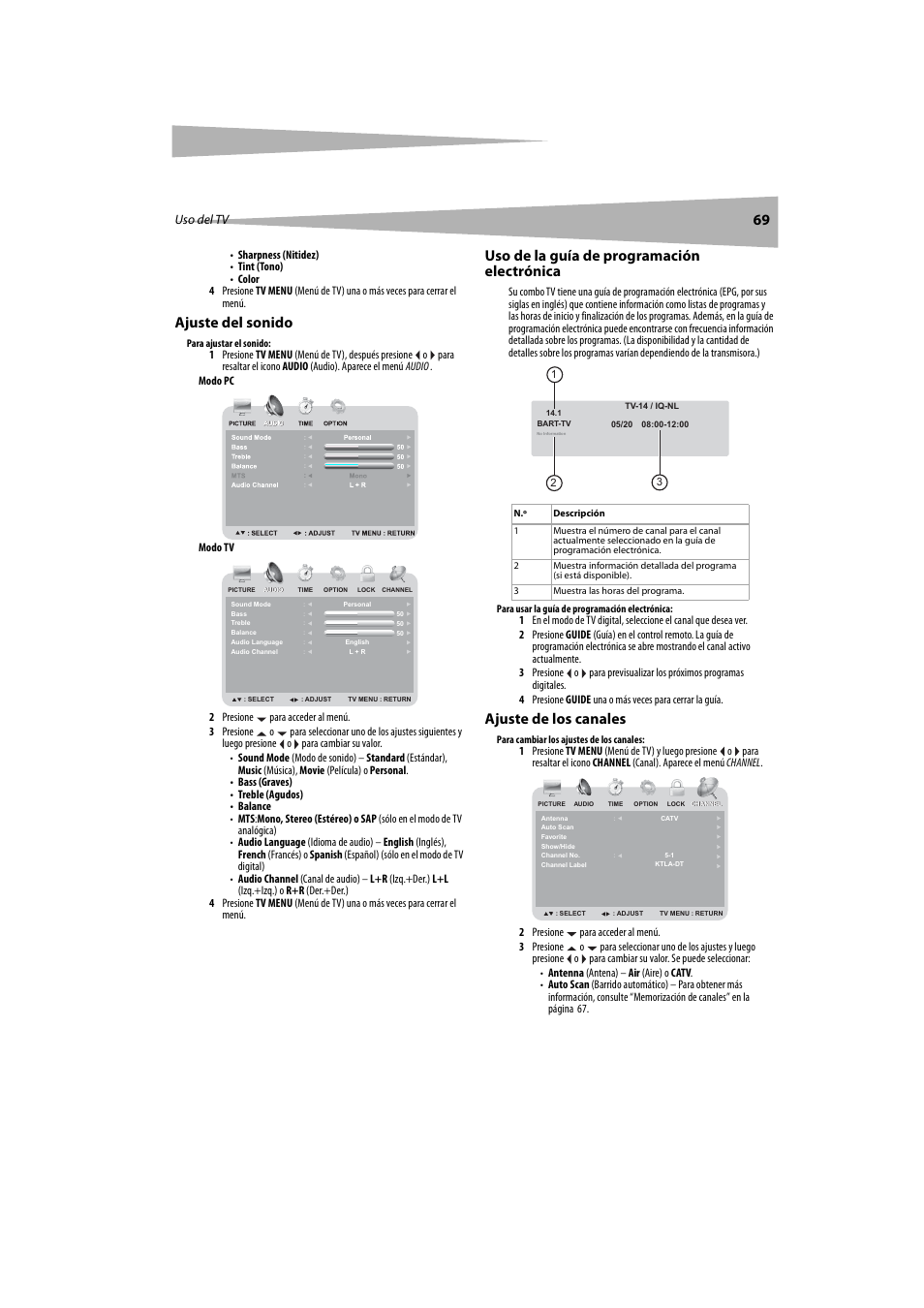 Ajuste del sonido, Uso de la guía de programación electrónica, Ajuste de los canales | Uso del tv | Dynex DX-LTDVD20 User Manual | Page 69 / 86