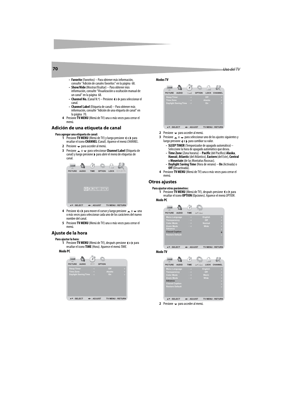 Adición de una etiqueta de canal, Ajuste de la hora, Otros ajustes | Uso del tv | Dynex DX-LTDVD20 User Manual | Page 70 / 86