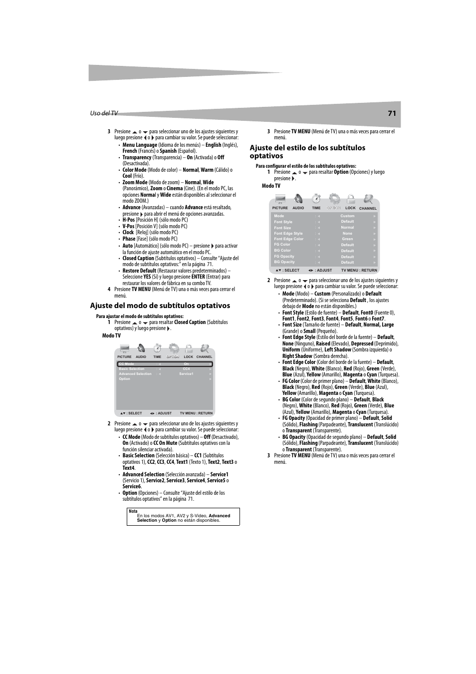 Ajuste del modo de subtítulos optativos, Ajuste del estilo de los subtítulos optativos | Dynex DX-LTDVD20 User Manual | Page 71 / 86