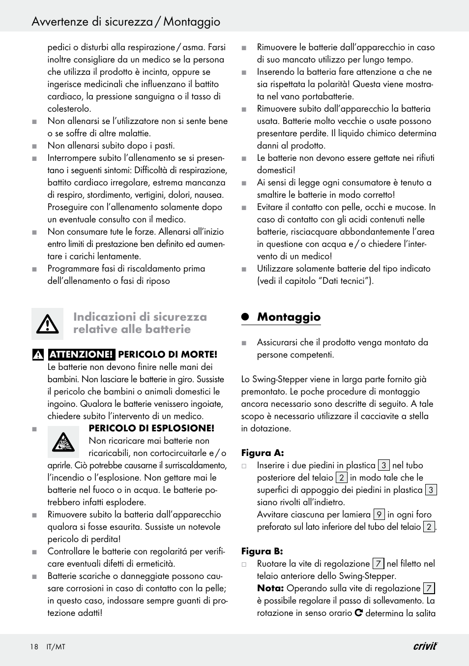 Avvertenze di sicurezza / montaggio, Indicazioni di sicurezza relative alle batterie, Montaggio | Crivit Z29550 User Manual | Page 18 / 49