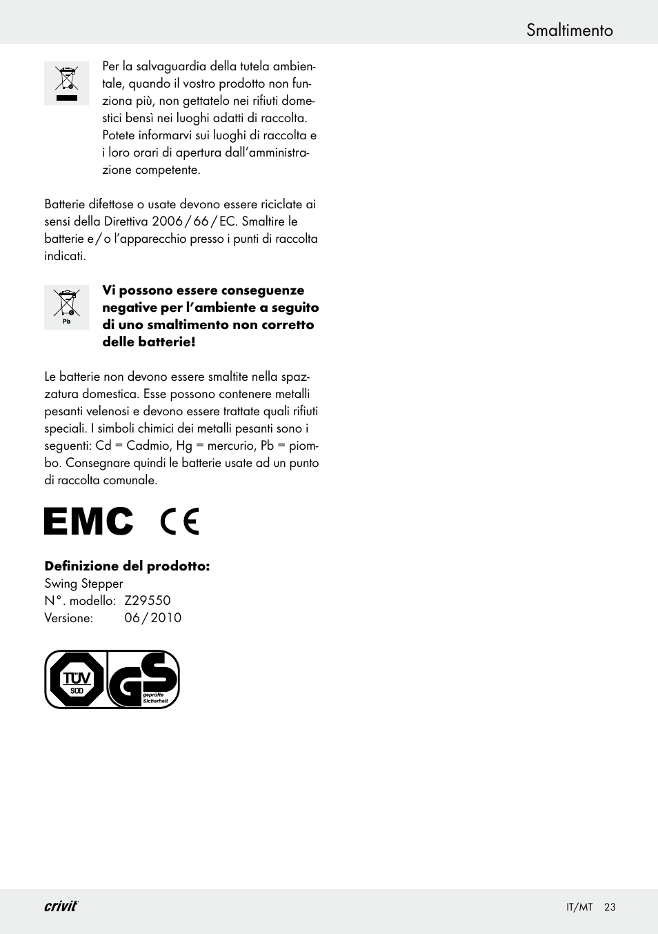 Smaltimento | Crivit Z29550 User Manual | Page 23 / 49