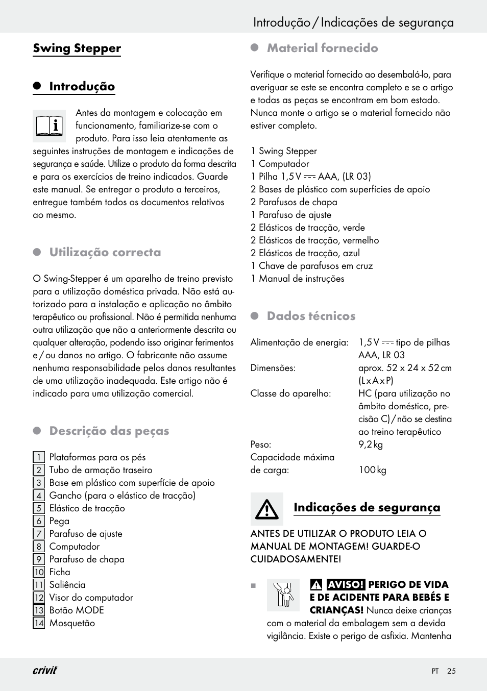 Introdução / indicações de segurança, Swing stepper, Introdução | Utilização correcta, Descrição das peças, Material fornecido, Dados técnicos, Indicações de segurança | Crivit Z29550 User Manual | Page 25 / 49