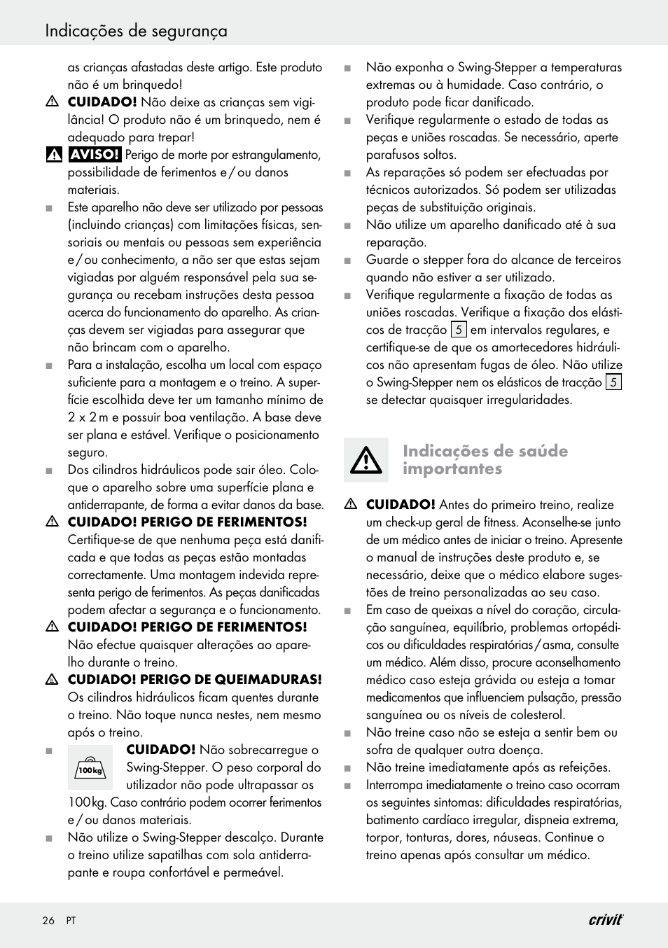 Indicações de segurança, Indicações de saúde importantes | Crivit Z29550 User Manual | Page 26 / 49