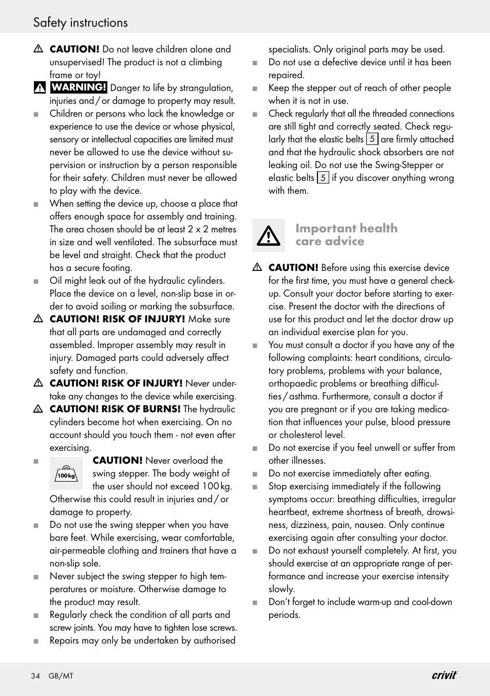 Safety instructions, Important health care advice | Crivit Z29550 User Manual | Page 34 / 49