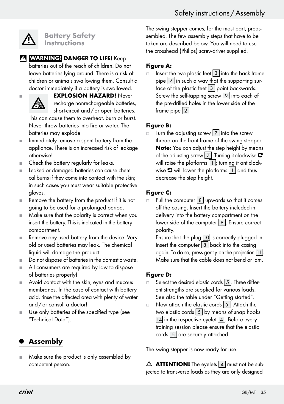 Safety instructions / assembly, Battery safety instructions, Assembly | Crivit Z29550 User Manual | Page 35 / 49