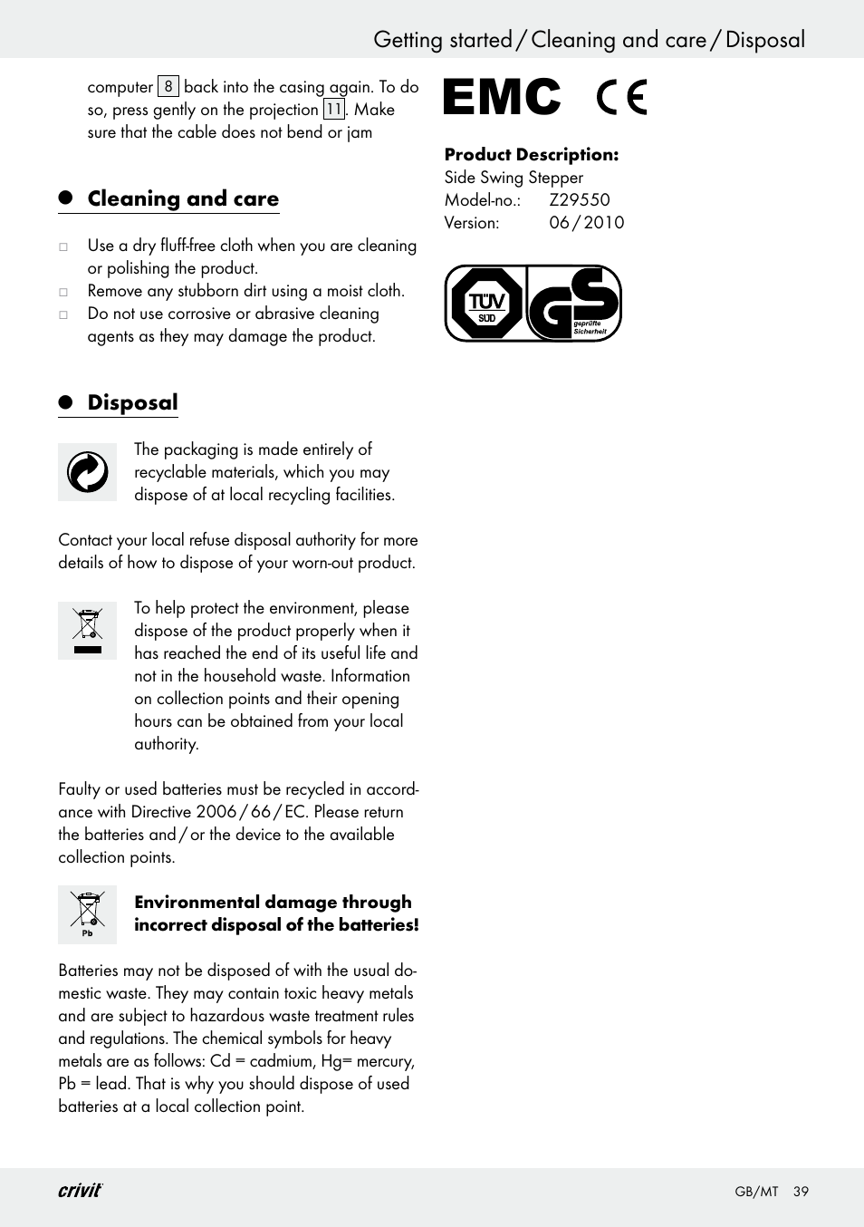 Getting started / cleaning and care / disposal, Cleaning and care, Disposal | Crivit Z29550 User Manual | Page 39 / 49