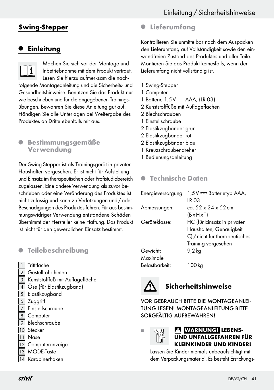 Einleitung / sicherheitshinweise, Swing-stepper, Einleitung | Bestimmungsgemäße verwendung, Teilebeschreibung, Lieferumfang, Technische daten, Sicherheitshinweise | Crivit Z29550 User Manual | Page 41 / 49