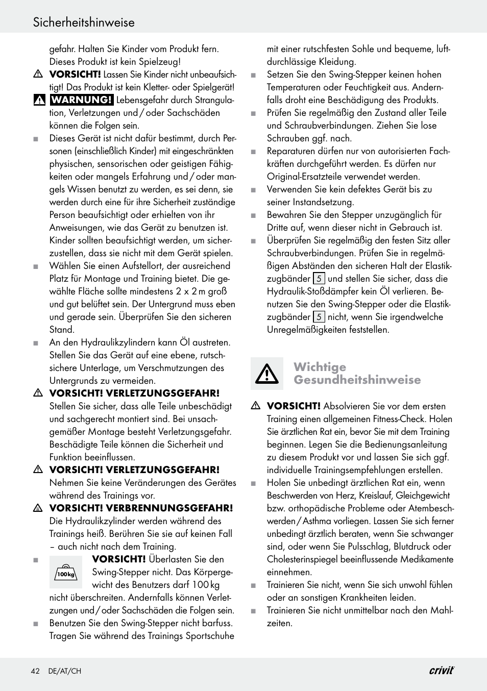Sicherheitshinweise, Wichtige gesundheitshinweise | Crivit Z29550 User Manual | Page 42 / 49