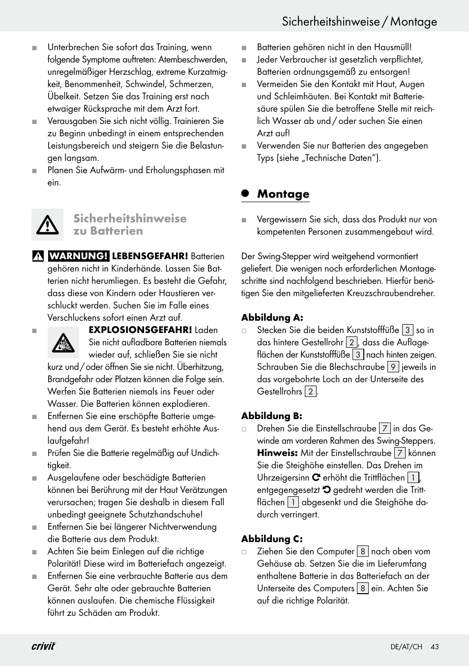 Sicherheitshinweise / montage, Sicherheitshinweise zu batterien, Montage | Crivit Z29550 User Manual | Page 43 / 49