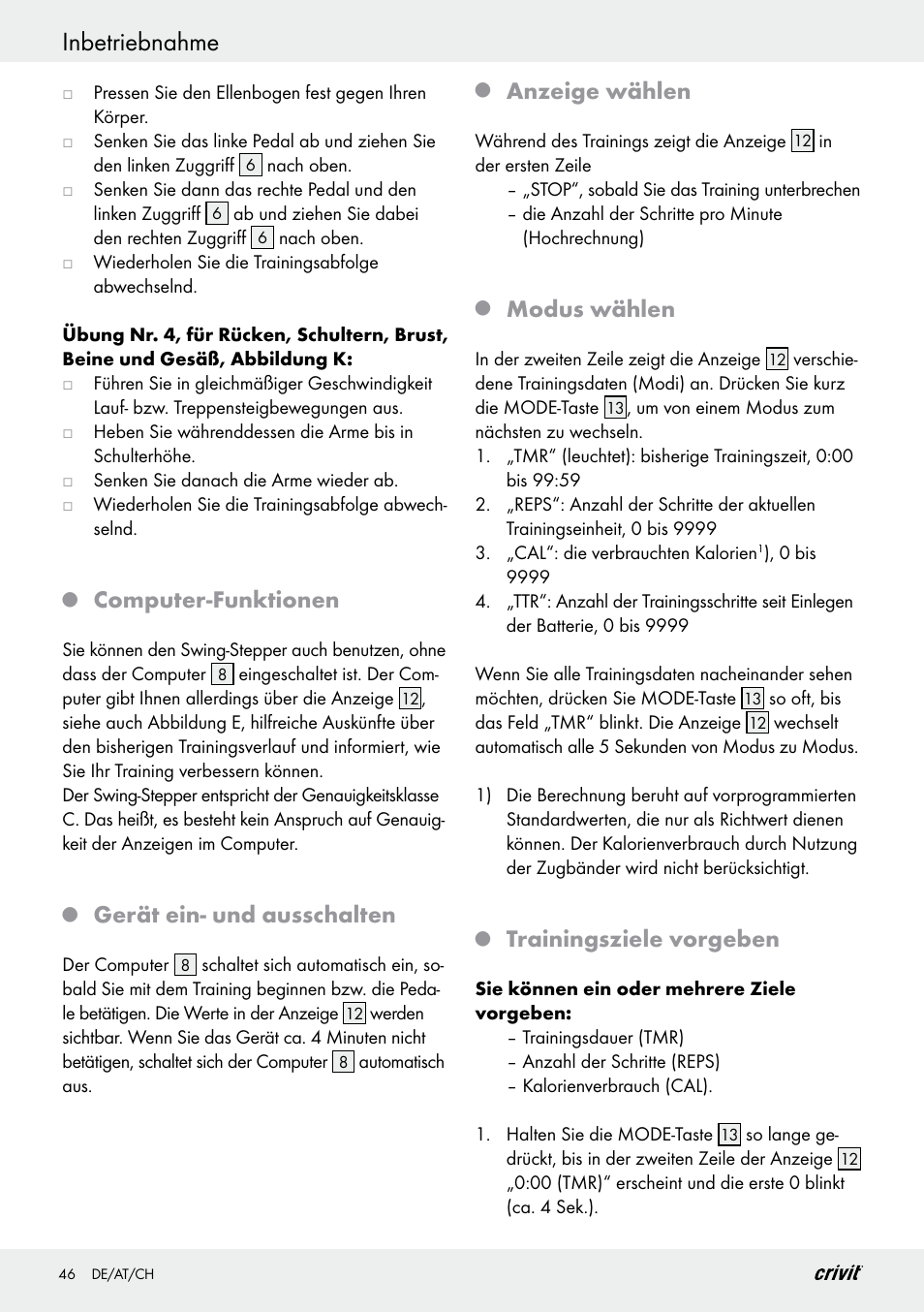 Inbetriebnahme, Computer-funktionen, Gerät ein- und ausschalten | Anzeige wählen, Modus wählen, Trainingsziele vorgeben | Crivit Z29550 User Manual | Page 46 / 49