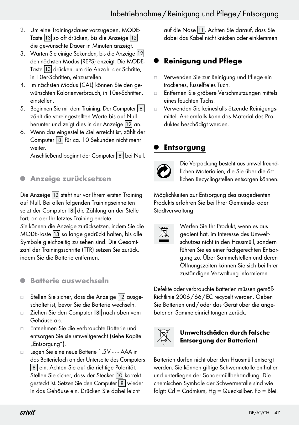 Inbetriebnahme / reinigung und pflege / entsorgung, Anzeige zurücksetzen, Batterie auswechseln | Reinigung und pflege, Entsorgung | Crivit Z29550 User Manual | Page 47 / 49