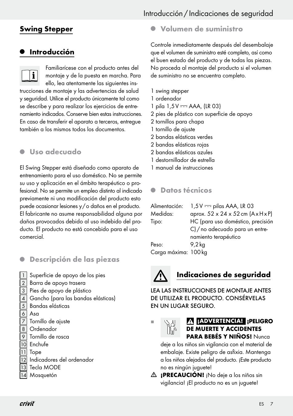 Introducción / indicaciones de seguridad, Swing stepper, Introducción | Uso adecuado, Descripción de las piezas, Volumen de suministro, Datos técnicos, Indicaciones de seguridad | Crivit Z29550 User Manual | Page 7 / 49