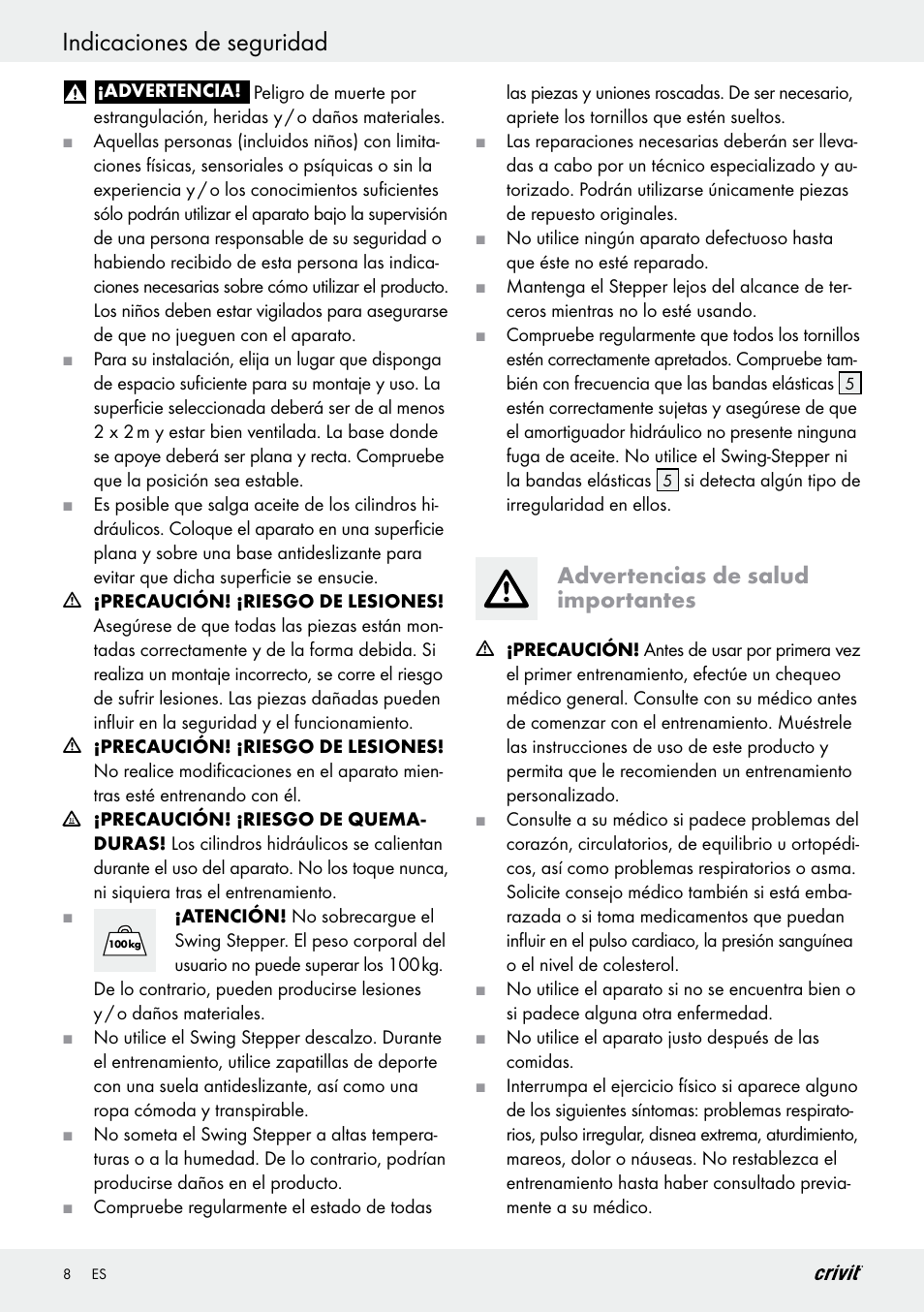 Indicaciones de seguridad, Advertencias de salud importantes | Crivit Z29550 User Manual | Page 8 / 49