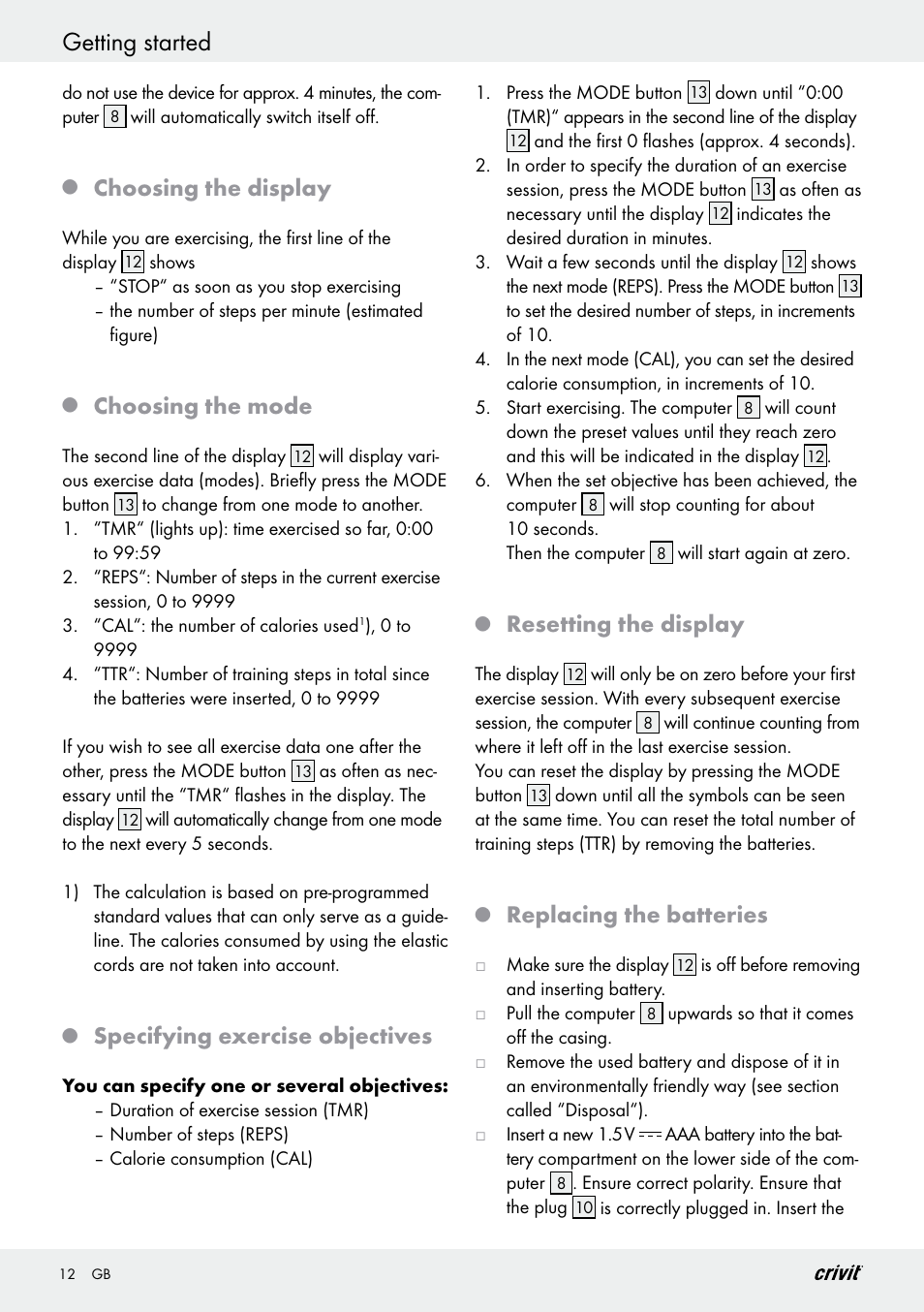 Getting started, Choosing the display, Choosing the mode | Specifying exercise objectives, Resetting the display, Replacing the batteries | Crivit Z29550 User Manual | Page 12 / 64