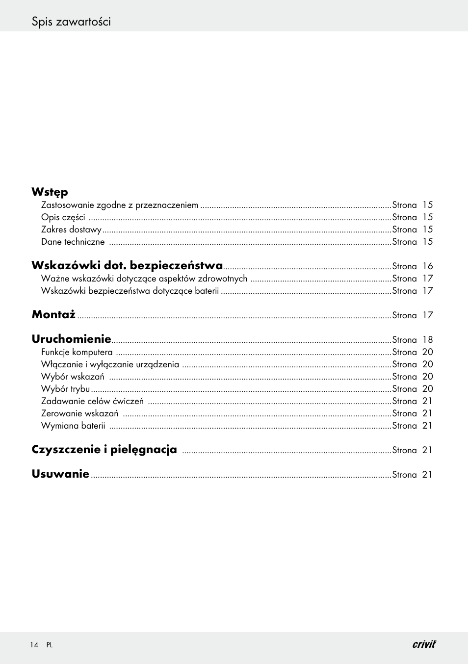 Spis zawartości | Crivit Z29550 User Manual | Page 14 / 64