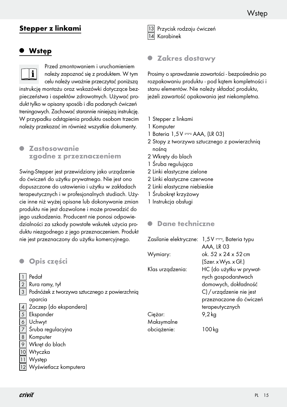 Wstęp, Stepper z linkami, Zastosowanie zgodne z przeznaczeniem | Opis części, Zakres dostawy, Dane techniczne | Crivit Z29550 User Manual | Page 15 / 64