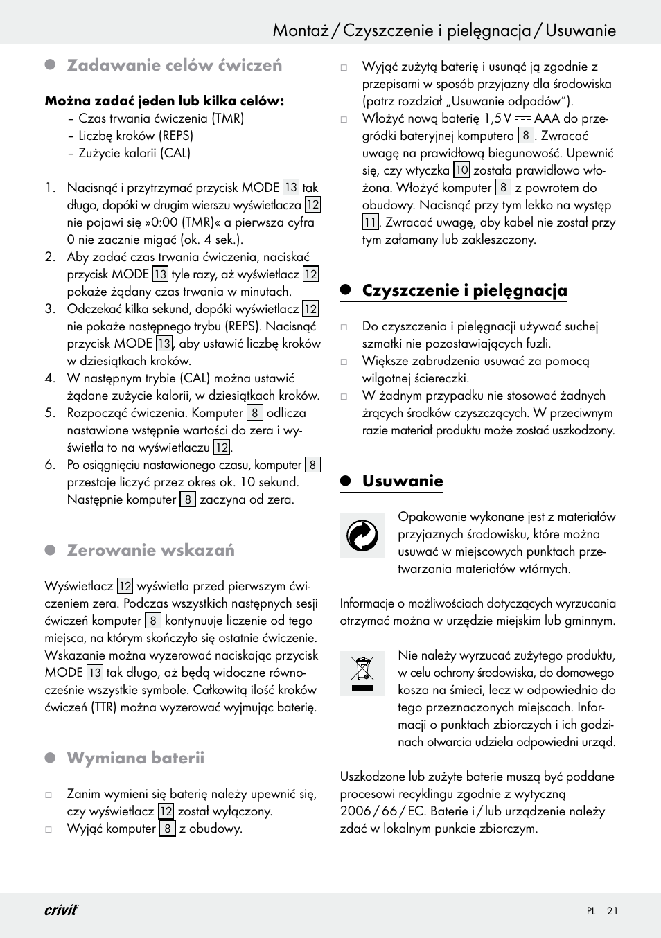 Montaż / czyszczenie i pielęgnacja / usuwanie, Zadawanie celów ćwiczeń, Zerowanie wskazań | Wymiana baterii, Czyszczenie i pielęgnacja, Usuwanie | Crivit Z29550 User Manual | Page 21 / 64