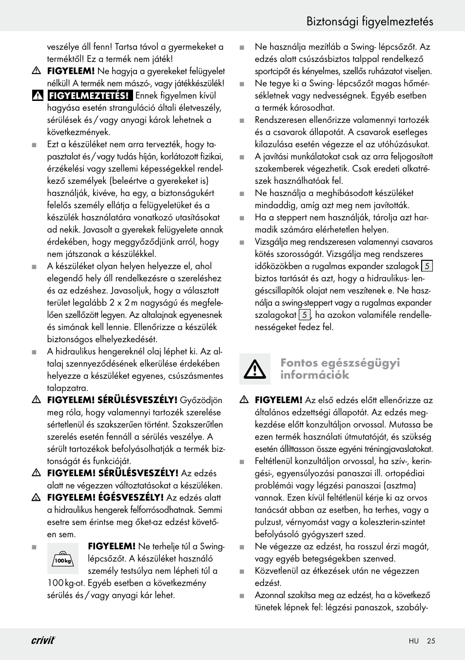Biztonsági figyelmeztetés, Fontos egészségügyi információk | Crivit Z29550 User Manual | Page 25 / 64