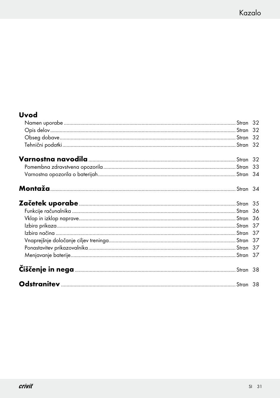 Kazalo | Crivit Z29550 User Manual | Page 31 / 64