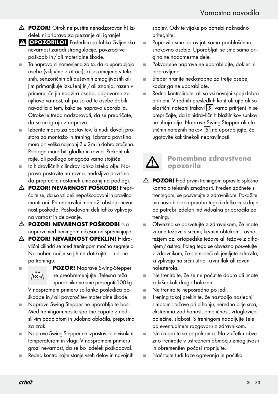 Varnostna navodila, Pomembna zdravstvena opozorila | Crivit Z29550 User Manual | Page 33 / 64