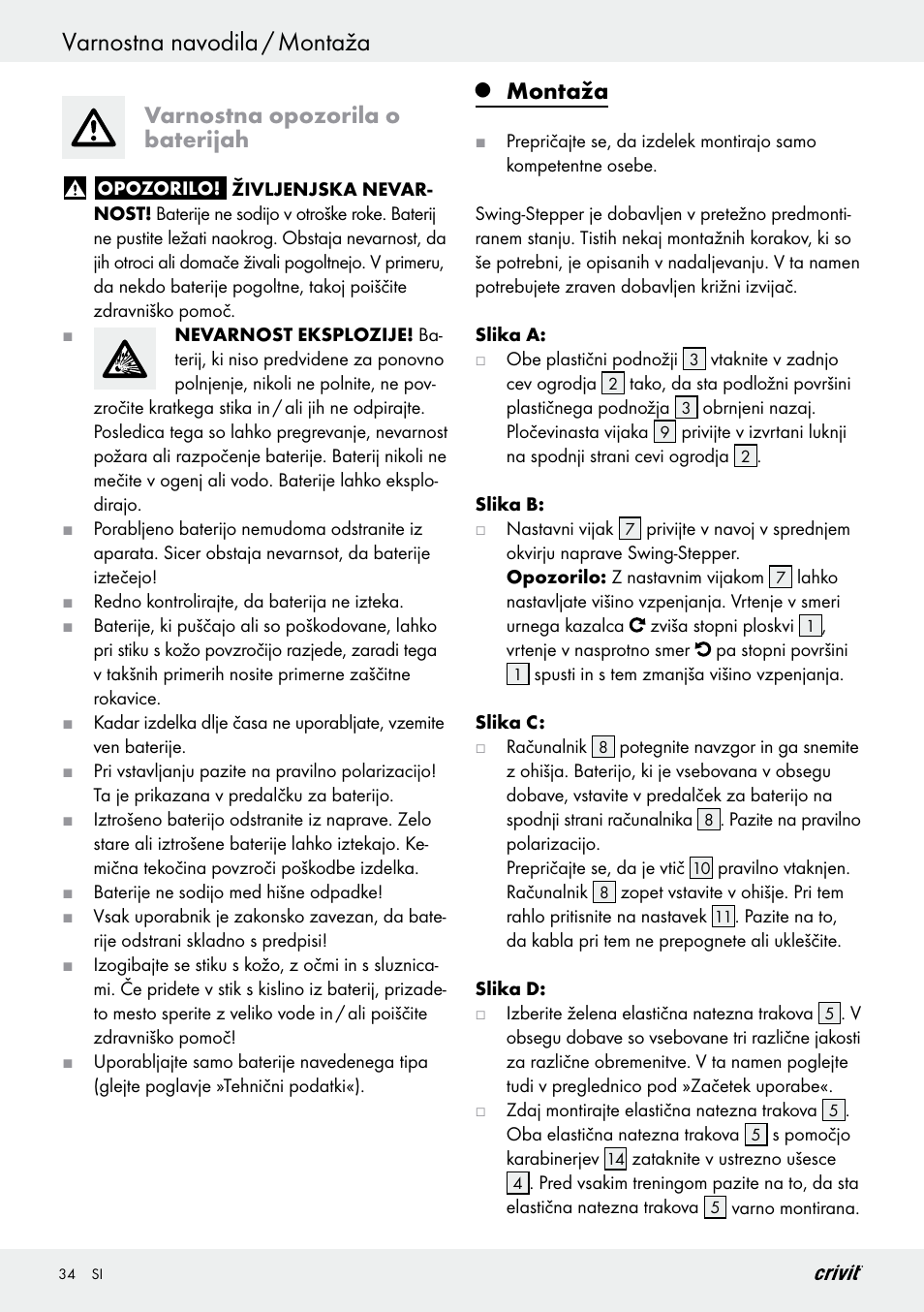 Varnostna navodila / montaža, Varnostna opozorila o baterijah, Montaža | Crivit Z29550 User Manual | Page 34 / 64