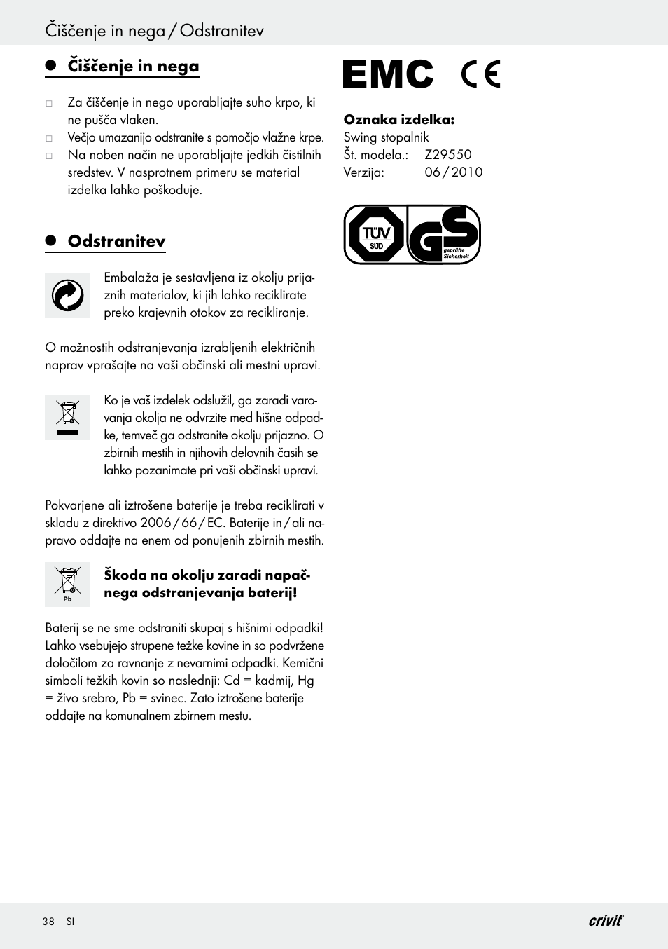 Čiščenje in nega / odstranitev, Čiščenje in nega, Odstranitev | Crivit Z29550 User Manual | Page 38 / 64
