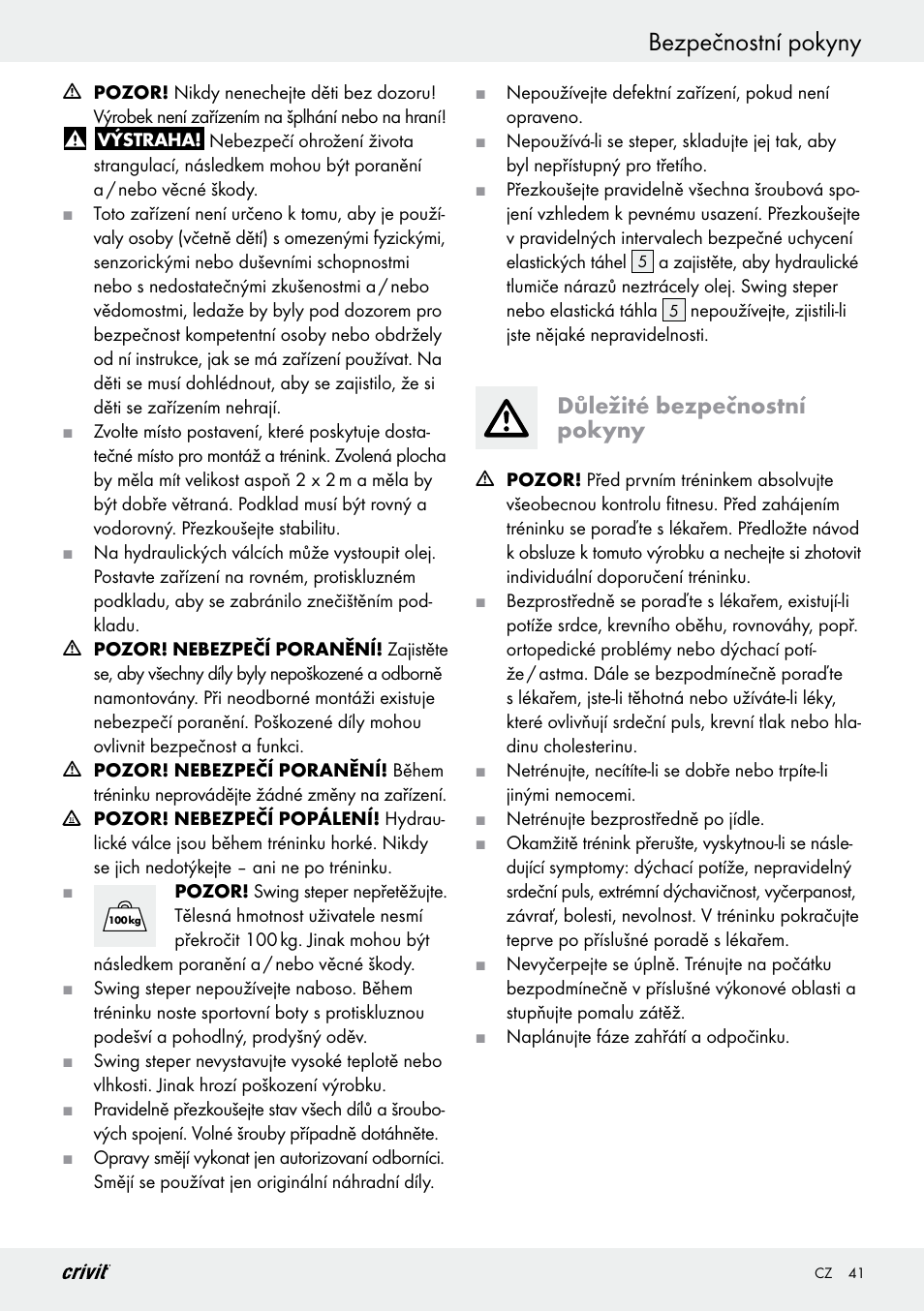 Bezpečnostní pokyny, Důležité bezpečnostní pokyny | Crivit Z29550 User Manual | Page 41 / 64