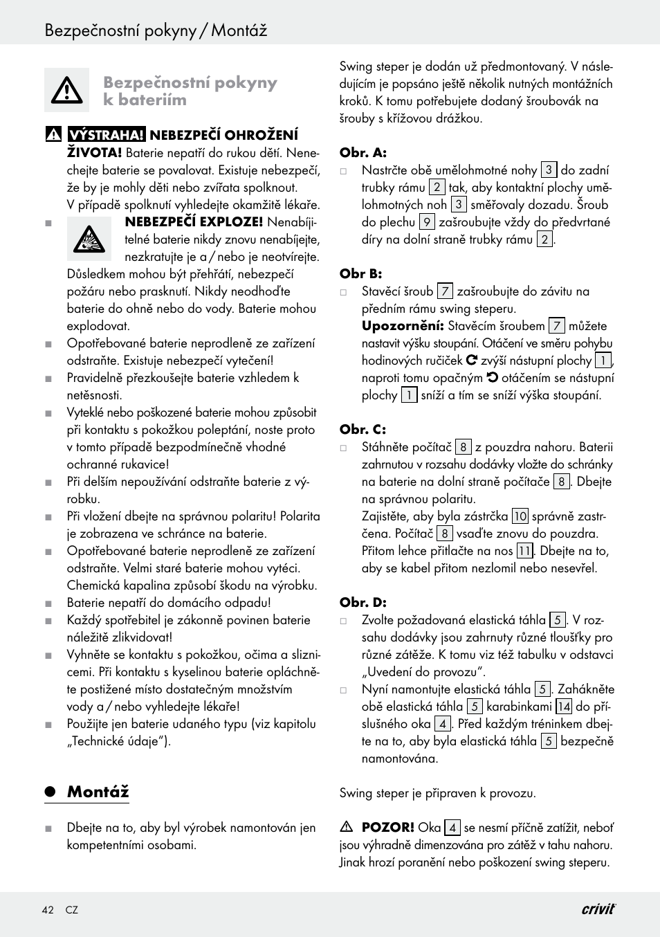 Bezpečnostní pokyny / montáž, Bezpečnostní pokyny k bateriím, Montáž | Crivit Z29550 User Manual | Page 42 / 64
