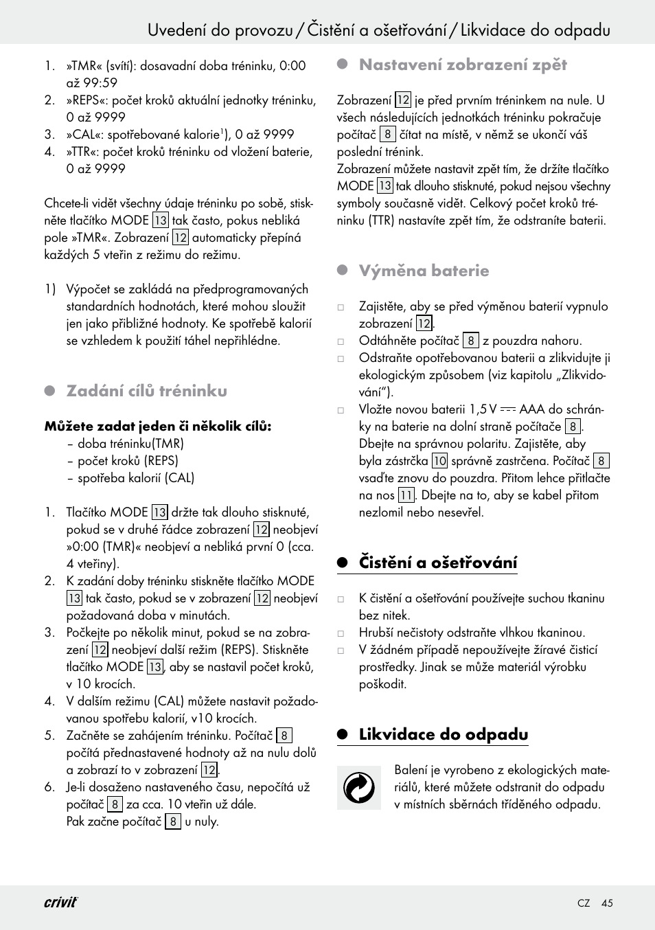 Zadání cílů tréninku, Nastavení zobrazení zpět, Výměna baterie | Čistění a ošetřování, Likvidace do odpadu | Crivit Z29550 User Manual | Page 45 / 64
