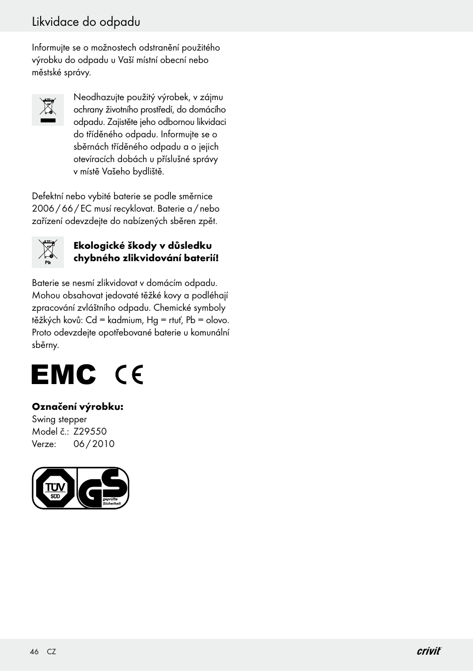Likvidace do odpadu | Crivit Z29550 User Manual | Page 46 / 64