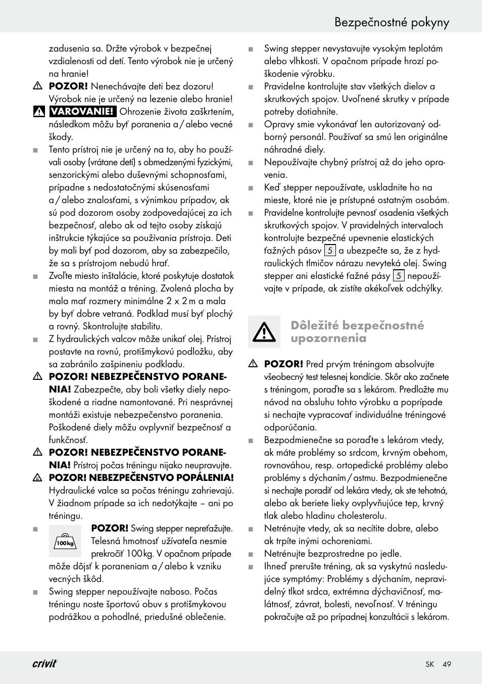 Bezpečnostné pokyny, Dôležité bezpečnostné upozornenia | Crivit Z29550 User Manual | Page 49 / 64