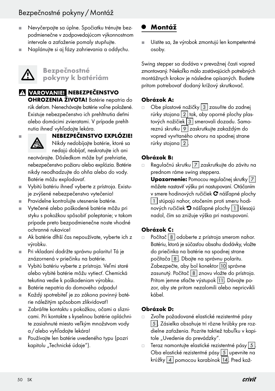 Bezpečnostné pokyny / montáž, Bezpečnostné pokyny k batériám, Montáž | Crivit Z29550 User Manual | Page 50 / 64