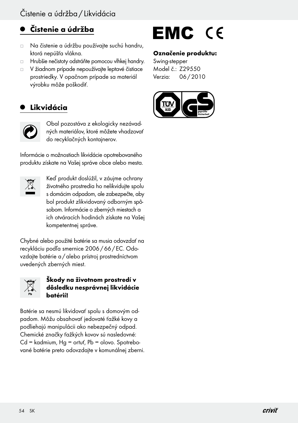 Čistenie a údržba / likvidácia | Crivit Z29550 User Manual | Page 54 / 64