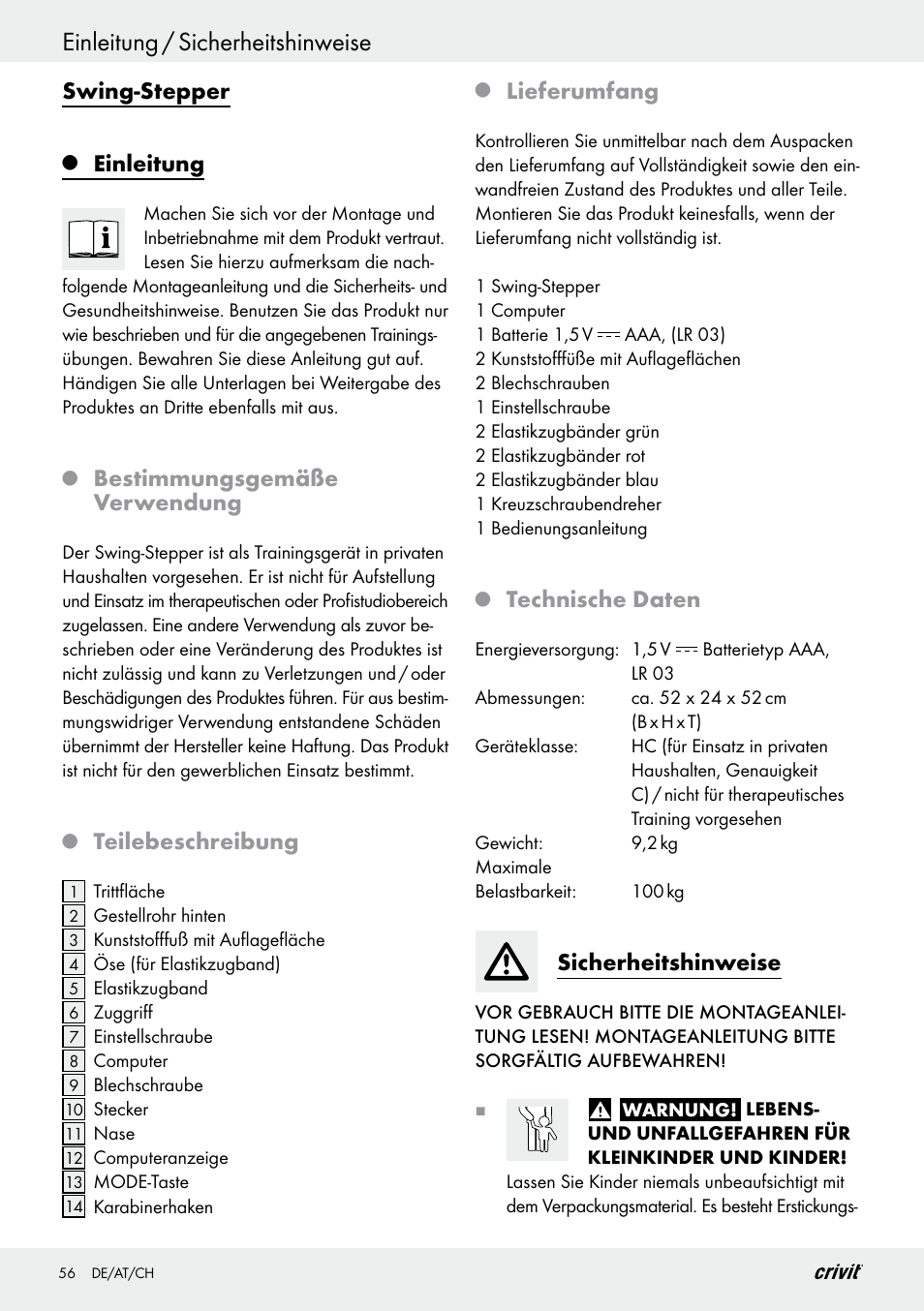 Einleitung / sicherheitshinweise, Swing-stepper, Einleitung | Bestimmungsgemäße verwendung, Teilebeschreibung, Lieferumfang, Technische daten, Sicherheitshinweise | Crivit Z29550 User Manual | Page 56 / 64