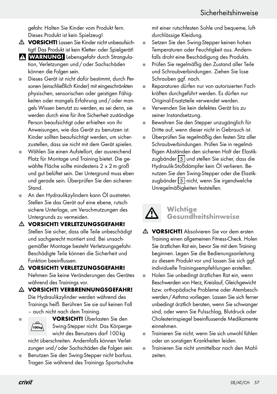 Sicherheitshinweise, Wichtige gesundheitshinweise | Crivit Z29550 User Manual | Page 57 / 64