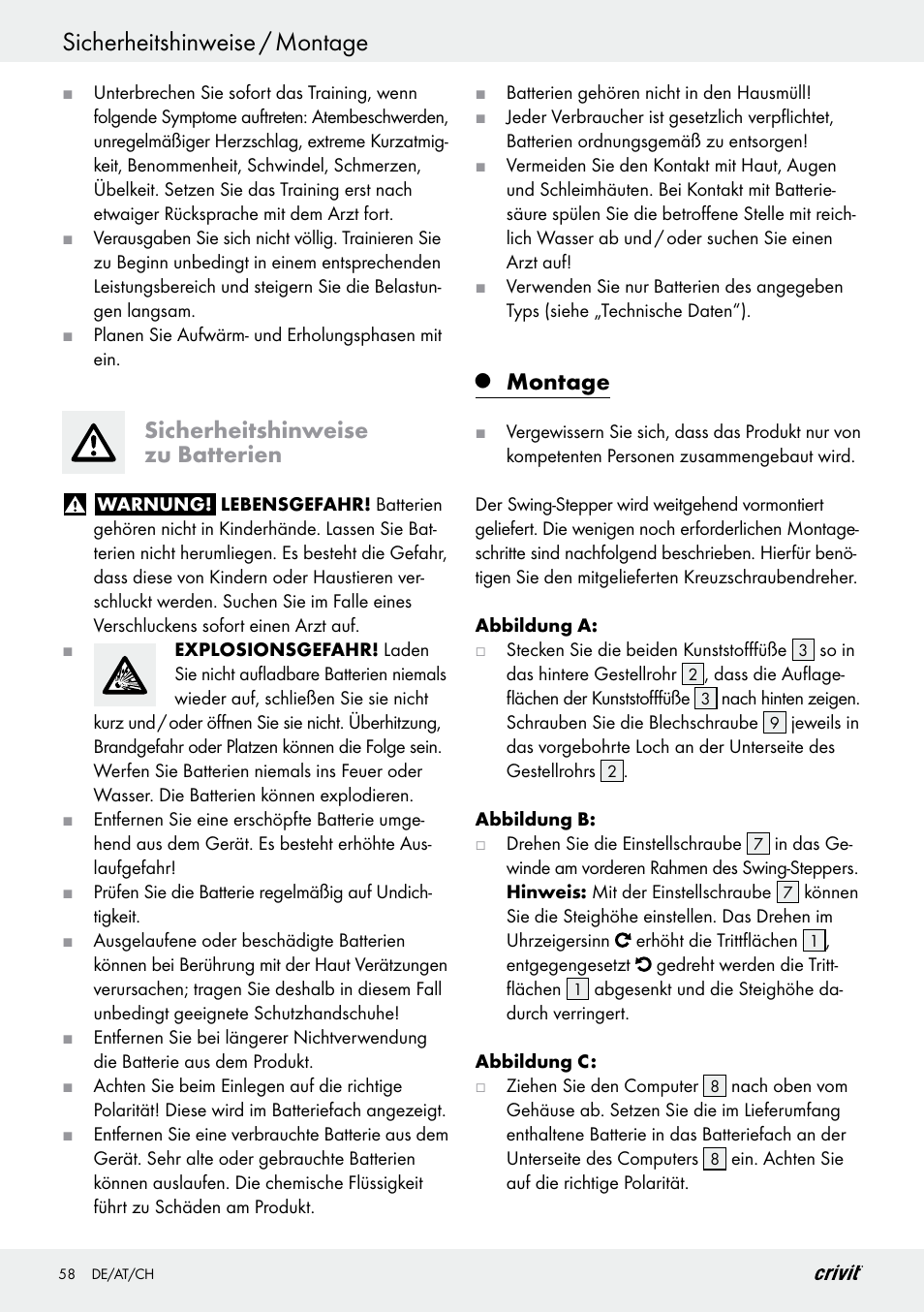 Sicherheitshinweise / montage, Sicherheitshinweise zu batterien, Montage | Crivit Z29550 User Manual | Page 58 / 64