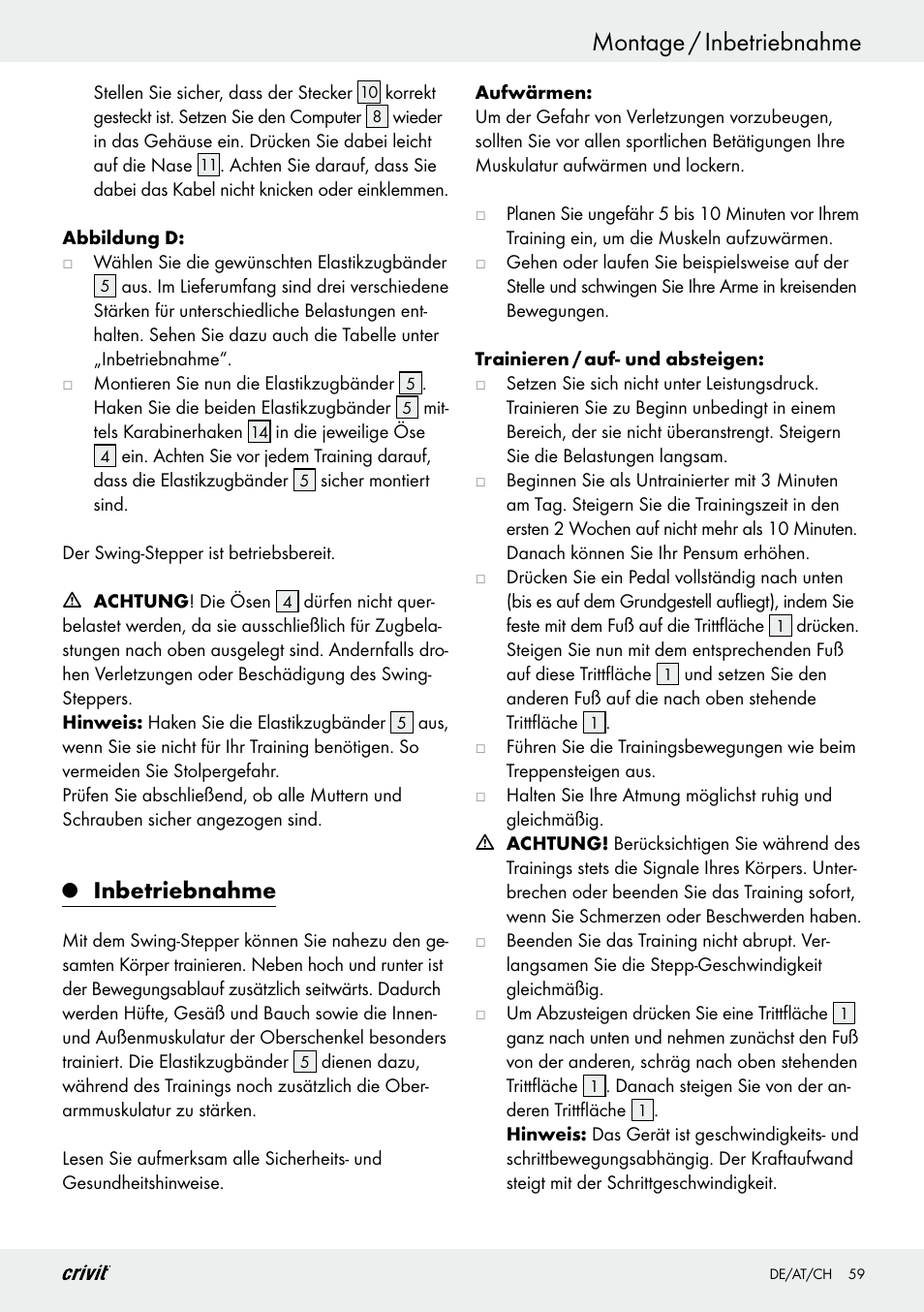 Montage / inbetriebnahme, Inbetriebnahme | Crivit Z29550 User Manual | Page 59 / 64