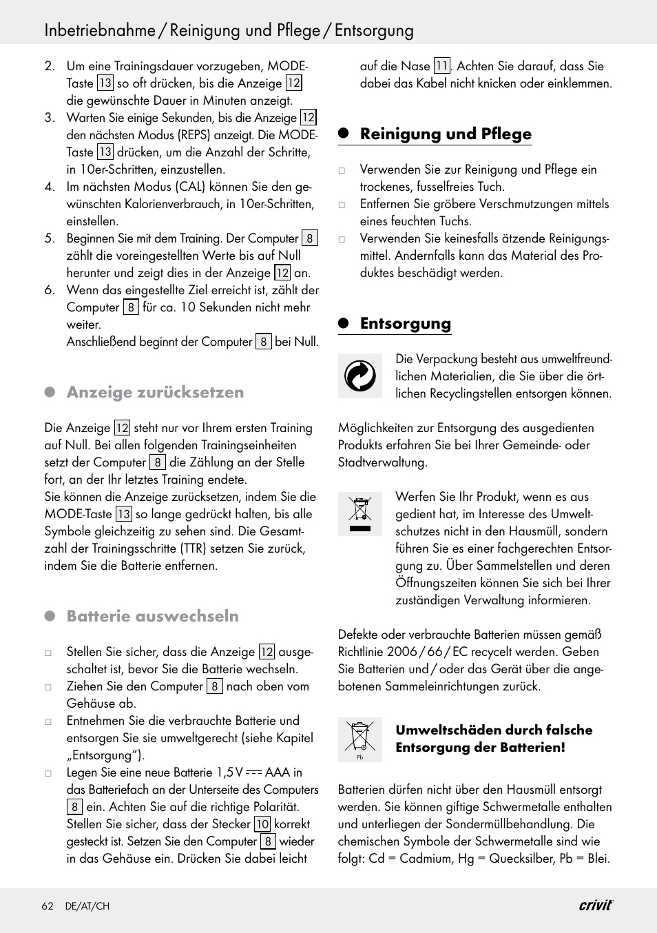 Inbetriebnahme / reinigung und pflege / entsorgung, Anzeige zurücksetzen, Batterie auswechseln | Reinigung und pflege, Entsorgung | Crivit Z29550 User Manual | Page 62 / 64