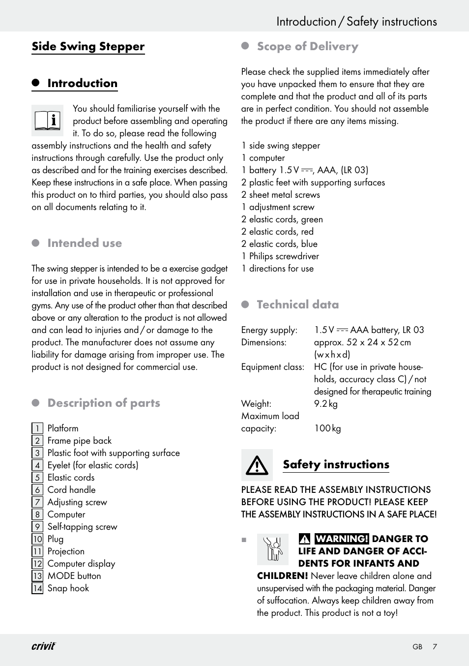 Introduction / safety instructions, Side swing stepper, Introduction | Intended use, Description of parts, Scope of delivery, Technical data, Safety instructions | Crivit Z29550 User Manual | Page 7 / 64