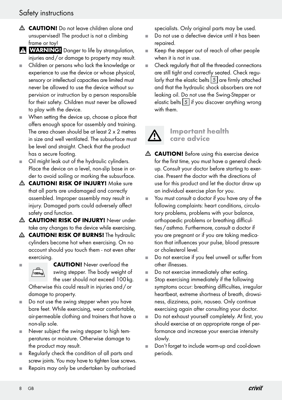 Safety instructions, Important health care advice | Crivit Z29550 User Manual | Page 8 / 64