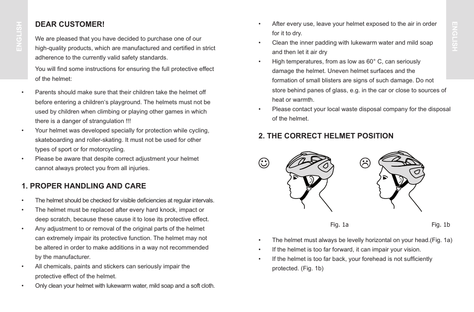 Dear customer, Proper handling and care, The correct helmet position | Crivit SP - 33 User Manual | Page 14 / 22