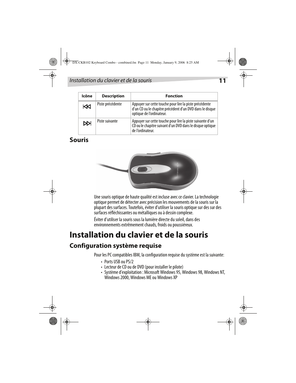 Installation du clavier et de la souris, 11 souris, Configuration système requise | Dynex DX-CKB102 User Manual | Page 11 / 20